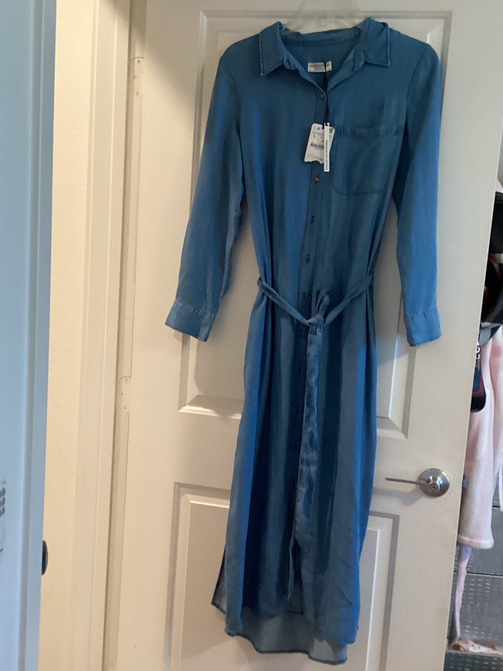 Zara Blue Long-Sleeve Button-Front Maxi Shirt Dress